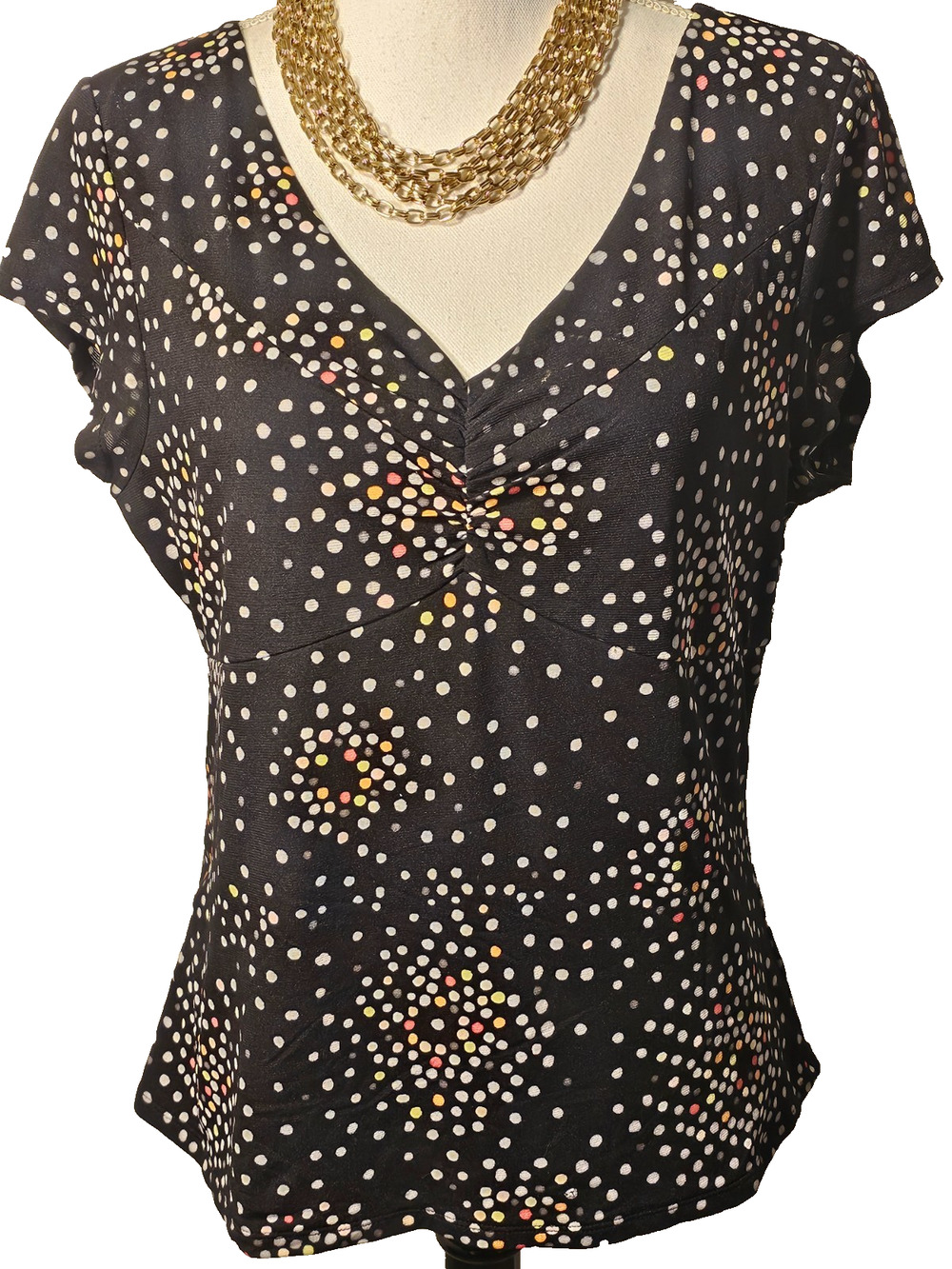 Alfani Womens Black Polkadot Blouse Short Sleeve Stretch Fully Lined Size XL